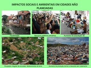 IMPACTOS SOCIAIS E AMBIENTAIS EM CIDADES NÃO
PLANEJADAS
Favelização Serviços públicos precários Aumento da população de
rua
Ocupação irregular de encostas: deslizamentos de terra Aumento da produção de lixo e descarte sem tratamento
 