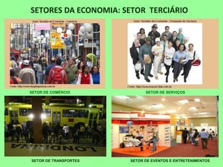 SETORES DA ECONOMIA: SETOR TERCIÁRIO
SETOR DE TRANSPORTES SETOR DE EVENTOS E ENTRETENIMENTOS
SETOR DE COMÉRCIO SETOR DE SERVIÇOS
 