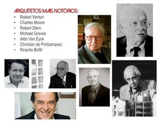 Arquitetos mais notórios:
• Robert Venturi
• Charles Moore
• Robert Stern
• Michael Graves
• Aldo Van Eyck
• Christian de Portzamparc
• Ricardo Bofill
 
