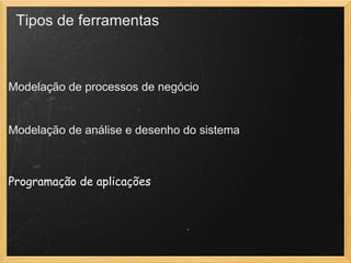 Tipos de ferramentas
 
Modelação de processos de negócio
 
Modelação de análise e desenho do sistema
 
 
Programação de aplicações 
 