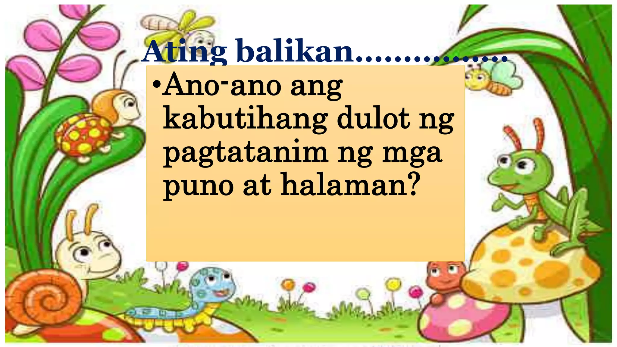 Ating balikan…………….
•Ano-ano ang
kabutihang dulot ng
pagtatanim ng mga
puno at halaman?
 