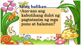 Ating balikan…………….
•Ano-ano ang
kabutihang dulot ng
pagtatanim ng mga
puno at halaman?
 
