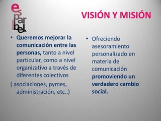 desea convertirse en un sujeto activo para lograr un mejor desarrollo humano sostenible. VISIÓN Y MISIÓNQueremos mejorar la comunicación entre las personas, tanto a nivel particular, como a nivel organizativo a través de diferentes colectivos ( asociaciones, pymes, administración, etc..)Ofreciendo  asesoramiento personalizado en materia de comunicación promoviendo un verdadero cambio social.
