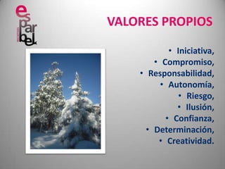 VALORES PROPIOSIniciativa, Compromiso, Responsabilidad, Autonomía, Riesgo, Ilusión, Confianza, Determinación, Creatividad.