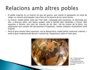 





El poble espartà, és un exèrcit en peu de guerra, que manté el peloponès en estat de
setge i es mostra amenaçador cap a fora en la mesura de les seves forces.
La tirania, model polític estès per l’hel·lade i rebutjada pels espartans, és destruïda per
ells, a diverses polis, així doncs acaben amb la família dels cipsélides a Corint, dels
esquines a Sicione, així com les tiranies de les illes i de les costes de la Jònia. Les
oligarquies que sorgien del derrocament d’aquestes, només trobaven recolzament amb
Esparta.
Però el gran enemic dels espartans, era la democràcia, model polític instaurat a Atenes, i
amb la qual rivalitzarà pel domini i control de l’hegemonia sobre el món grec.

Fig. 12 Representació
a una àmfora de
l’enfrontament entre
un hoplita espartà i un
atenenc.

 