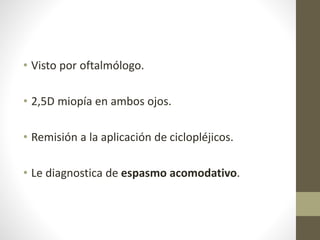 • Visto por oftalmólogo.
• 2,5D miopía en ambos ojos.
• Remisión a la aplicación de ciclopléjicos.
• Le diagnostica de espasmo acomodativo.
 
