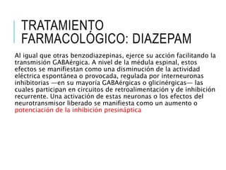 TRATAMIENTO
FARMACOLÓGICO: DIAZEPAM
Al igual que otras benzodiazepinas, ejerce su acción facilitando la
transmisión GABAérgica. A nivel de la médula espinal, estos
efectos se manifiestan como una disminución de la actividad
eléctrica espontánea o provocada, regulada por interneuronas
inhibitorias —en su mayoría GABAérgicas o glicinérgicas— las
cuales participan en circuitos de retroalimentación y de inhibición
recurrente. Una activación de estas neuronas o los efectos del
neurotransmisor liberado se manifiesta como un aumento o
potenciación de la inhibición presináptica
 
