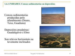 1.4.-UNIDADES: Concas sedimentarias ou depresións Concas sedimentarias producidas polo afundimento (Douro, Texo, Guadiana) Depresións prealpinas: Guadalquivir e Ebro Son relevos horizontais ou levemente inclinados 
