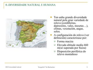 0.-DIVERSIDADE NATURAL E HUMANA Ten unha grande diversidade natural pola gran variedade de relevo (cordilleiras, depresións, vales, mesetas…), climas, vexetación, augas, solos. A configuración do relevo (ver definición) caracterízase por: Forma maciza Elevada altitude media 660 m(só superada por Suíza) Disposición periférica do relevo montañoso 