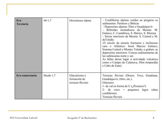 Terrazas fluviais (Douro, Texo, Guadiana, Guadalquivir, Ebro, etc.).  Glaciares: 1- de val en forma de U (¿Pireneos?) 2- de circo = pequenos lagos (altas cordilleiras). Terrazas fluviais Glaciarismo e formación de terrazas fluviais Desde 1,7 Era cuaternaria –  Cordilleiras alpinas xorden ao pregarse os sedimentos: Perineos y Béticas –  Depresións alpinas: Ebro e Guadalquivir –  Rebordes montañosos da Meseta: M. Galaico, C. Cantábrica, S. Ibérico, S. Morena –  Serras interiores da Meseta: S. Central e M. deToledo.  -O zócolo da meseta fracturou e inclinouse cara o Atlántico: horst Macizo Galaico, Sistema Central e Montes Toledo; e graben: as depresións interiores: Concas sedimentarias de las submesetas norte y   sur. As fallas deron lugar á actividade volcánica como o Campo de Calatrava, Olot-Ampurdán e Cabo de Gata) Oroxéneses alpina 68-1,7 Era Terciaria  