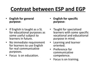 Contrast between ESP and EGP
• English for general
purpose:
• If English is taught as a SL
for educational purposes as
some useful subject to
learners in future.
• No immediate requirement
for learners to use English
for real communicative
purposes.
• Focus is on education.
• English for specific
purpose:
• Taught for specialized
learners with some specific
vocational and educational
purpose in mind.
• Learning and learner
oriented.
• Preference for
communicative
competence.
• Focus is on training.
 