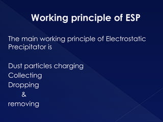 Working principle of ESP
The main working principle of Electrostatic
Precipitator is
Dust particles charging
Collecting
Dropping
&
removing
 