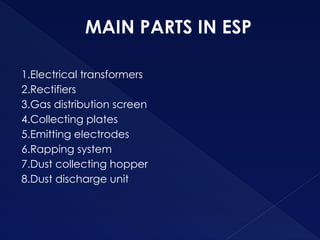 MAIN PARTS IN ESP
1.Electrical transformers
2.Rectifiers
3.Gas distribution screen
4.Collecting plates
5.Emitting electrodes
6.Rapping system
7.Dust collecting hopper
8.Dust discharge unit
 