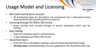 Usage Model and Licensing
• Microsoft-owned Azure account:
– All Autohosted Apps for SharePoint are provisioned into a Microsoft-owned
Azure account that only Microsoft has access to
• Licensing through the Office 365 tenant:
– Azure hosting costs passed through to tenant…developers don’t pay for
hosting
• App Catalog:
– Great for company-specific customizations
– 1 App Catalogue per Office 365 tenant
• SharePoint Store:
– Great for ISVs or developers looking a way of monetizing SharePoint Apps
– The bad news: Autohosted Apps are not supported in the SharePoint Store yet
 