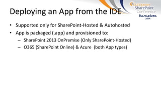 Deploying an App from the IDE
• Supported only for SharePoint-Hosted & Autohosted
• App is packaged (.app) and provisioned to:
– SharePoint 2013 OnPremise (Only SharePoint-Hosted)
– O365 (SharePoint Online) & Azure (both App types)
 