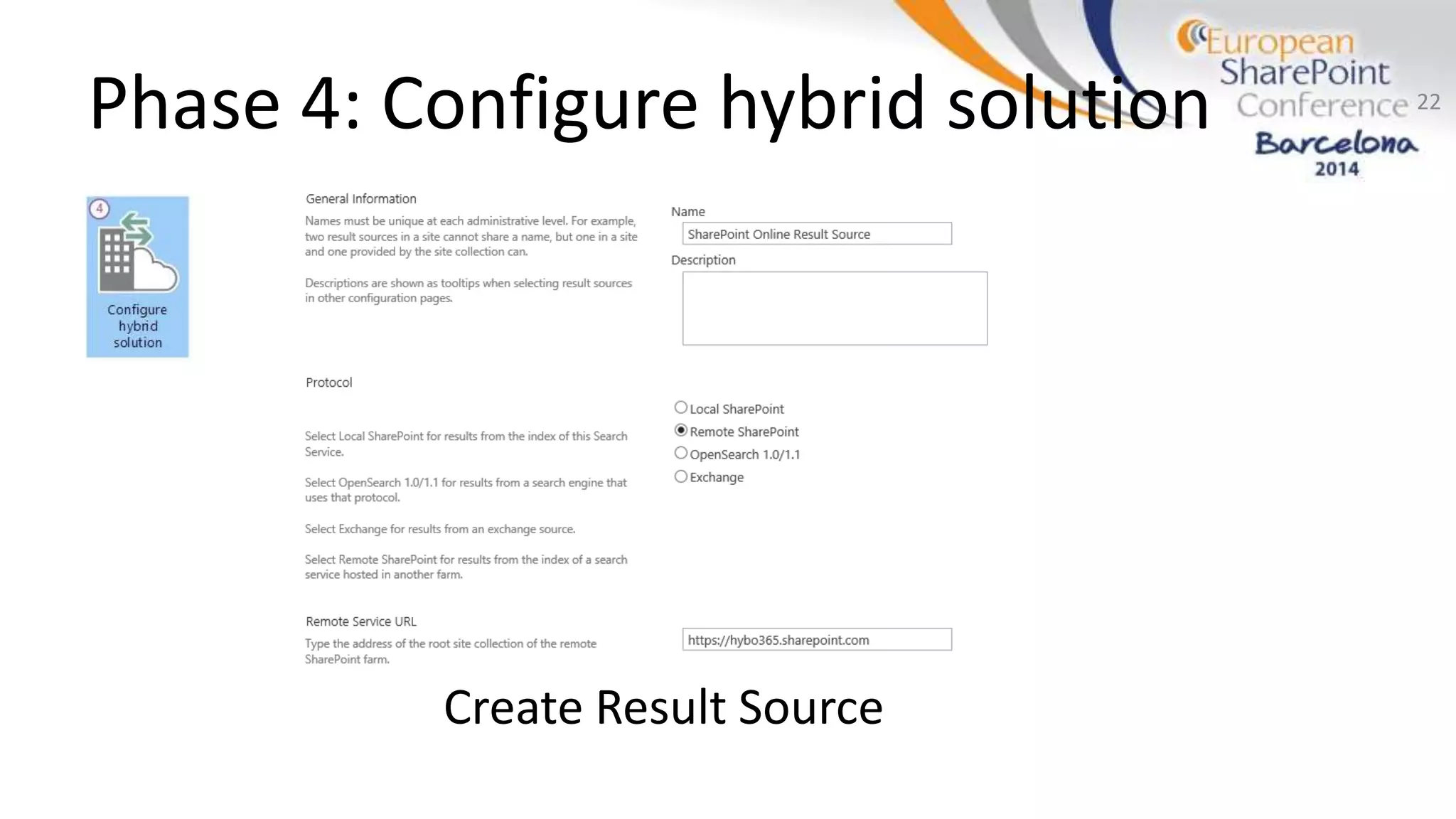 Phase 4: Configure hybrid solution
Create Result Source
22
 