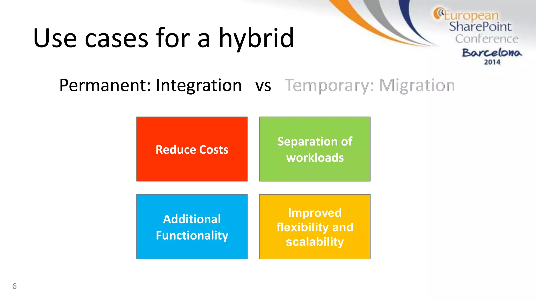 Use cases for a hybrid
Permanent: Integration vs Temporary: Migration
6
Reduce Costs
Additional
Functionality
Separation of
workloads
Improved
flexibility and
scalability
Permanent: Integration vs Temporary: Migration
 