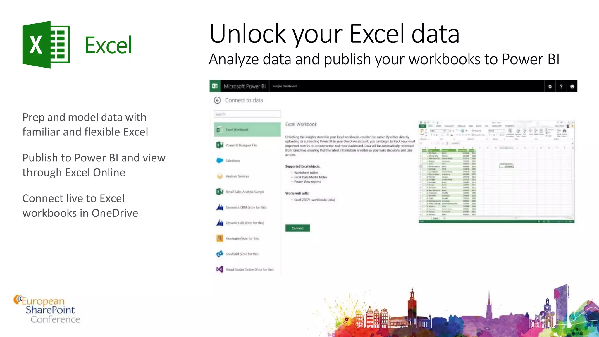 Unlock your Excel data
Analyze data and publish your workbooks to Power BI
 