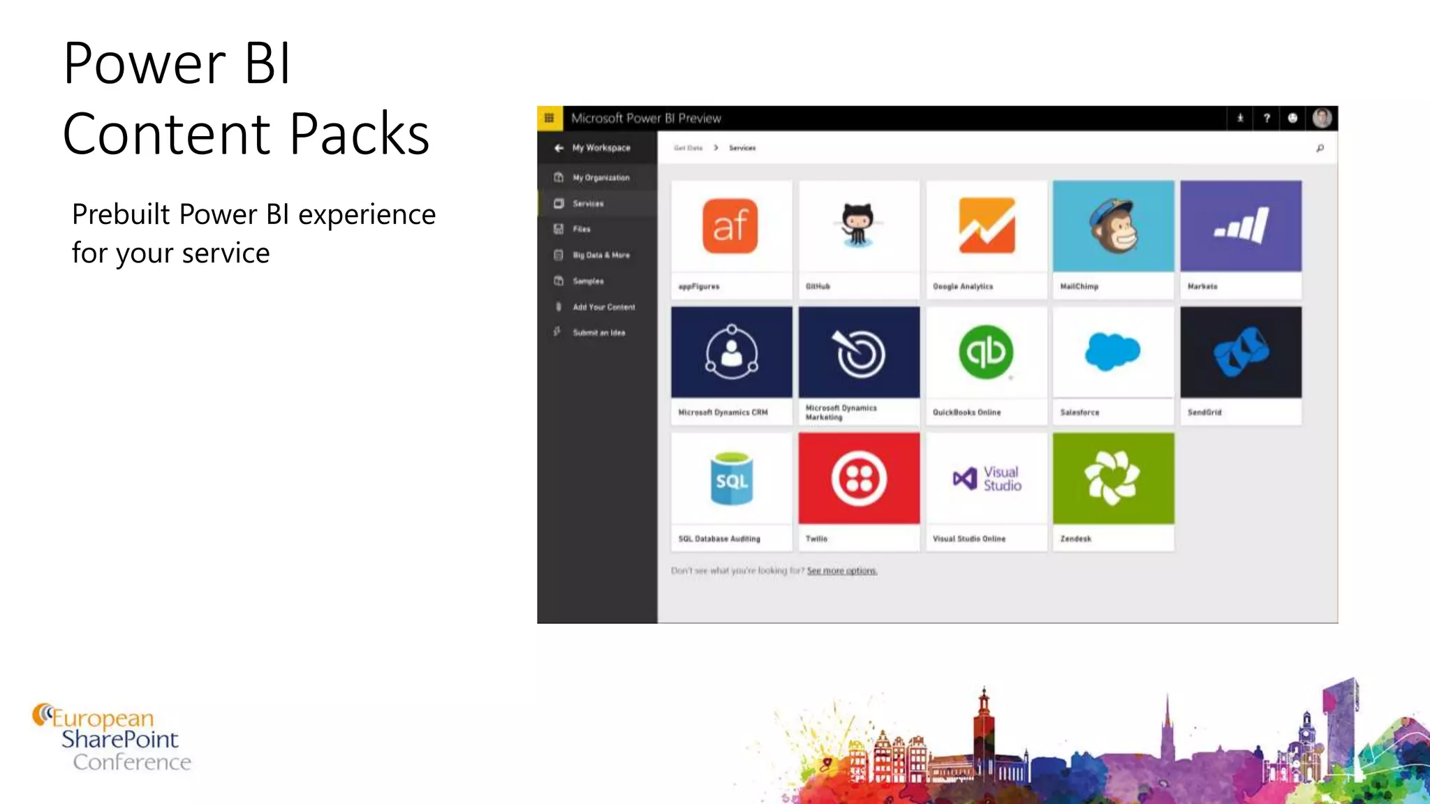Power BI
Content Packs
Prebuilt Power BI experience
for your service
 