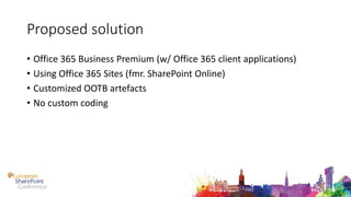 Proposed solution
• Office 365 Business Premium (w/ Office 365 client applications)
• Using Office 365 Sites (fmr. SharePoint Online)
• Customized OOTB artefacts
• No custom coding
 