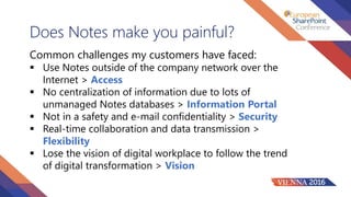 Does Notes make you painful?
Common challenges my customers have faced:
 Use Notes outside of the company network over the
Internet > Access
 No centralization of information due to lots of
unmanaged Notes databases > Information Portal
 Not in a safety and e-mail confidentiality > Security
 Real-time collaboration and data transmission >
Flexibility
 Lose the vision of digital workplace to follow the trend
of digital transformation > Vision
 