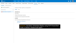 Scenario: No Build, Scheduled Deploy using PnP-PowerShell
Code in GitHub, Hosted build agent
 