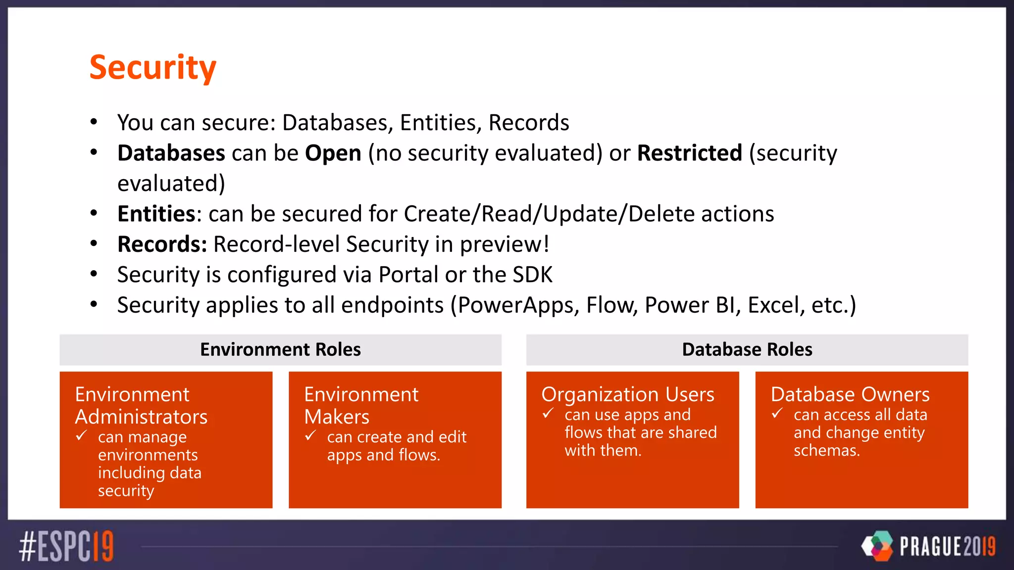 Security
• You can secure: Databases, Entities, Records
• Databases can be Open (no security evaluated) or Restricted (security
evaluated)
• Entities: can be secured for Create/Read/Update/Delete actions
• Records: Record-level Security in preview!
• Security is configured via Portal or the SDK
• Security applies to all endpoints (PowerApps, Flow, Power BI, Excel, etc.)
Environment Roles Database Roles
 