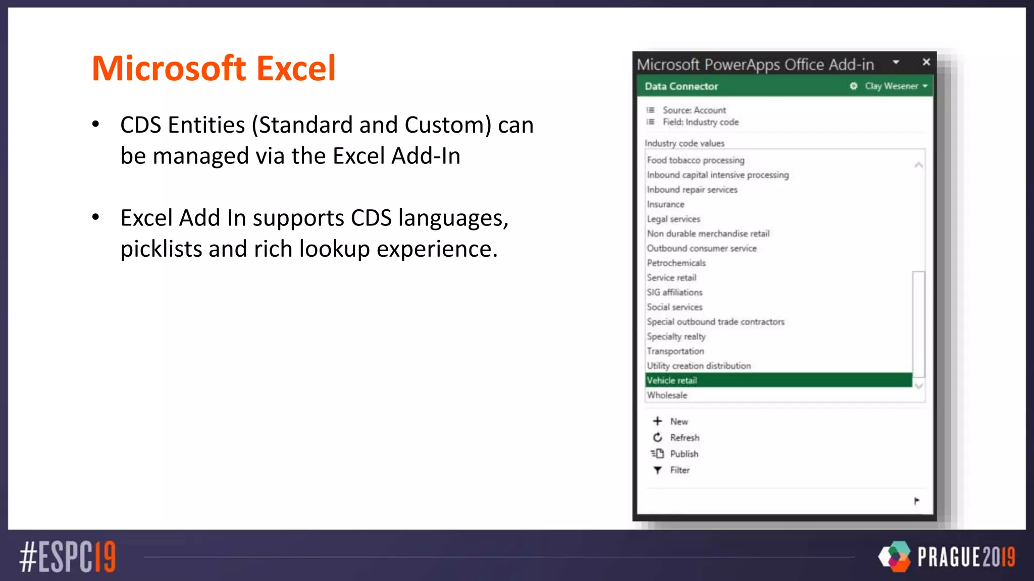 Microsoft Excel
• CDS Entities (Standard and Custom) can
be managed via the Excel Add-In
• Excel Add In supports CDS languages,
picklists and rich lookup experience.
 