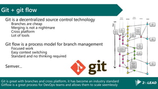 Git is great with branches and cross platform, it has become an industry standard
Gitflow is a great process for DevOps teams and allows them to scale seemlessly
Git + git flow
Git is a decentralized source control technology
Branches are cheap
Merging is not a nightmare
Cross platform
Lot of tools
Git flow is a process model for branch management
Focused work
Easy context switching
Standard and no thinking required
Semver…
 