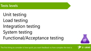 The first thing to consider is how quick you want feedback vs how complex the test is.
Tests levels
Unit testing
Load testing
Integration testing
System testing
Functional/Acceptance testing
 