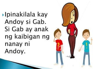  Ipinakilala

kay
Andoy si Gab.
Si Gab ay anak
ng kaibigan ng
nanay ni
Andoy.

 