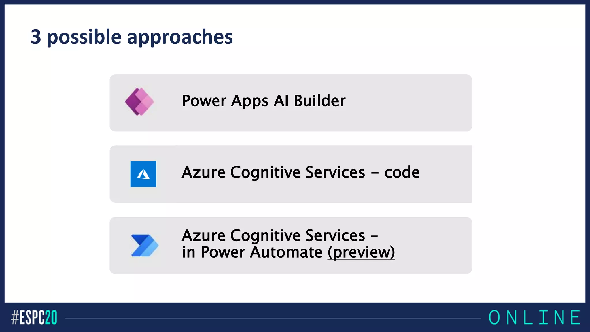 3 possible approaches
Power Apps AI Builder
Azure Cognitive Services - code
Azure Cognitive Services –
in Power Automate (preview)
 