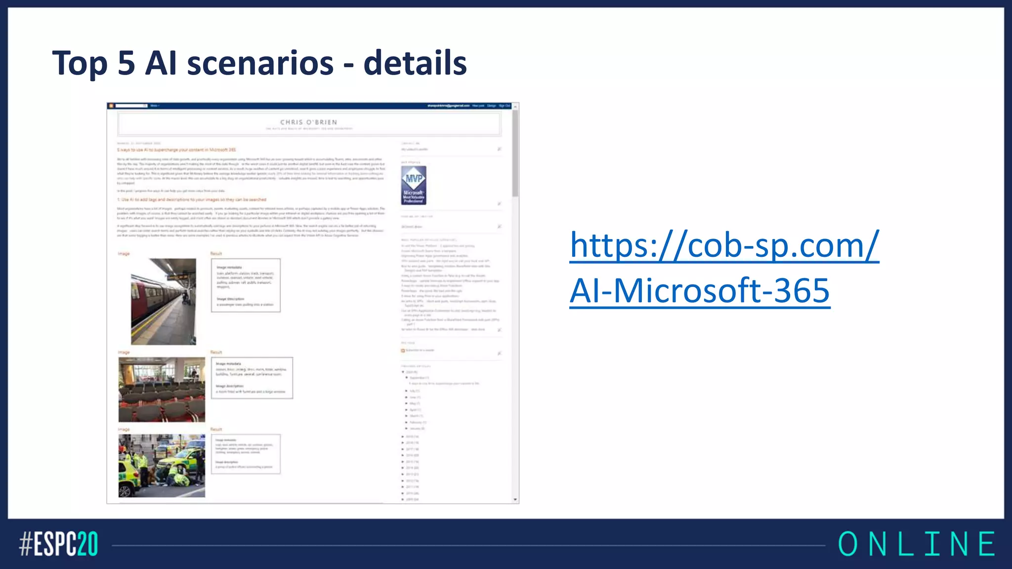 Top 5 AI scenarios - details
https://cob-sp.com/
AI-Microsoft-365
 