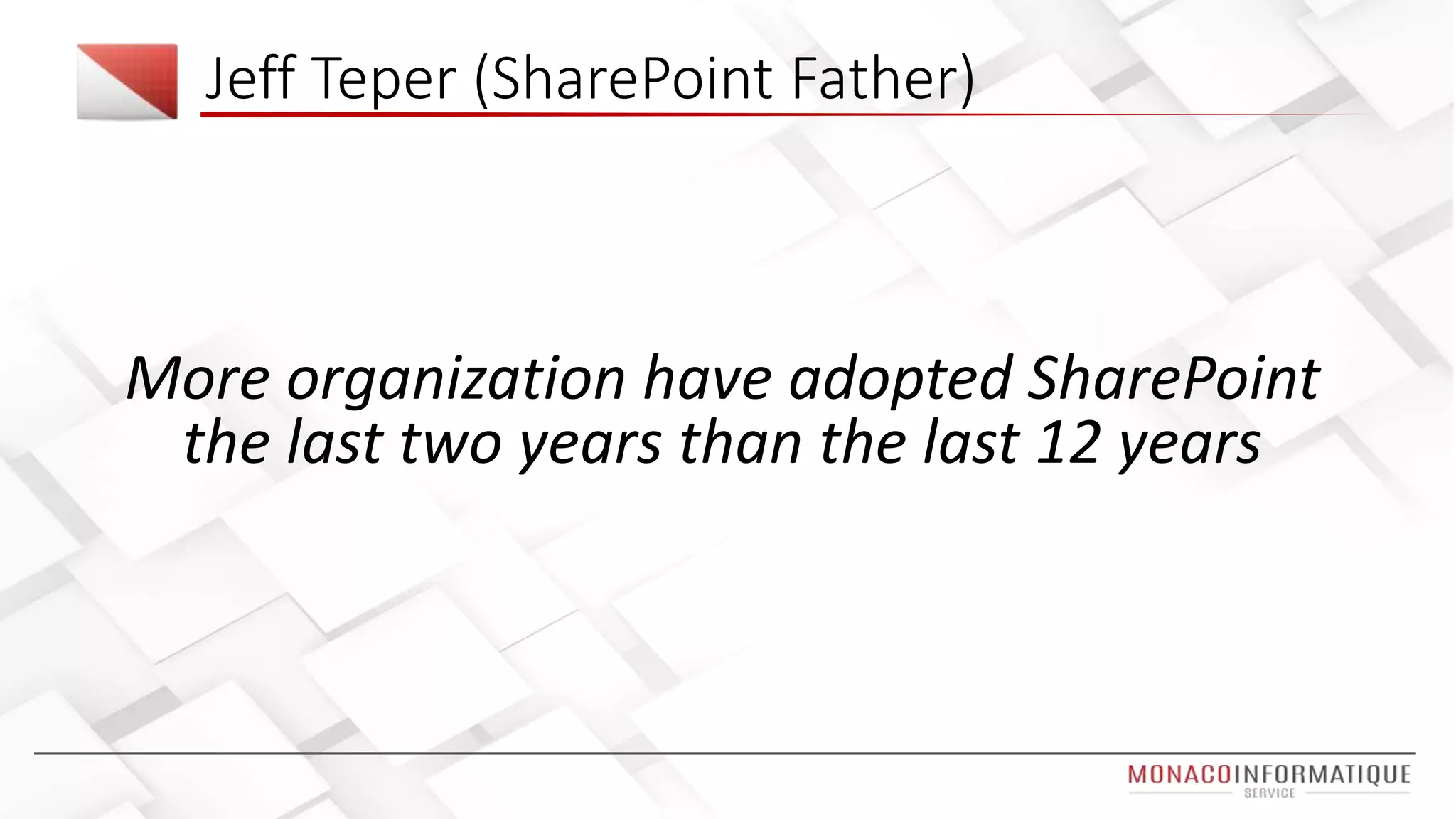 More organization have adopted SharePoint
the last two years than the last 12 years
Jeff Teper (SharePoint Father)
 