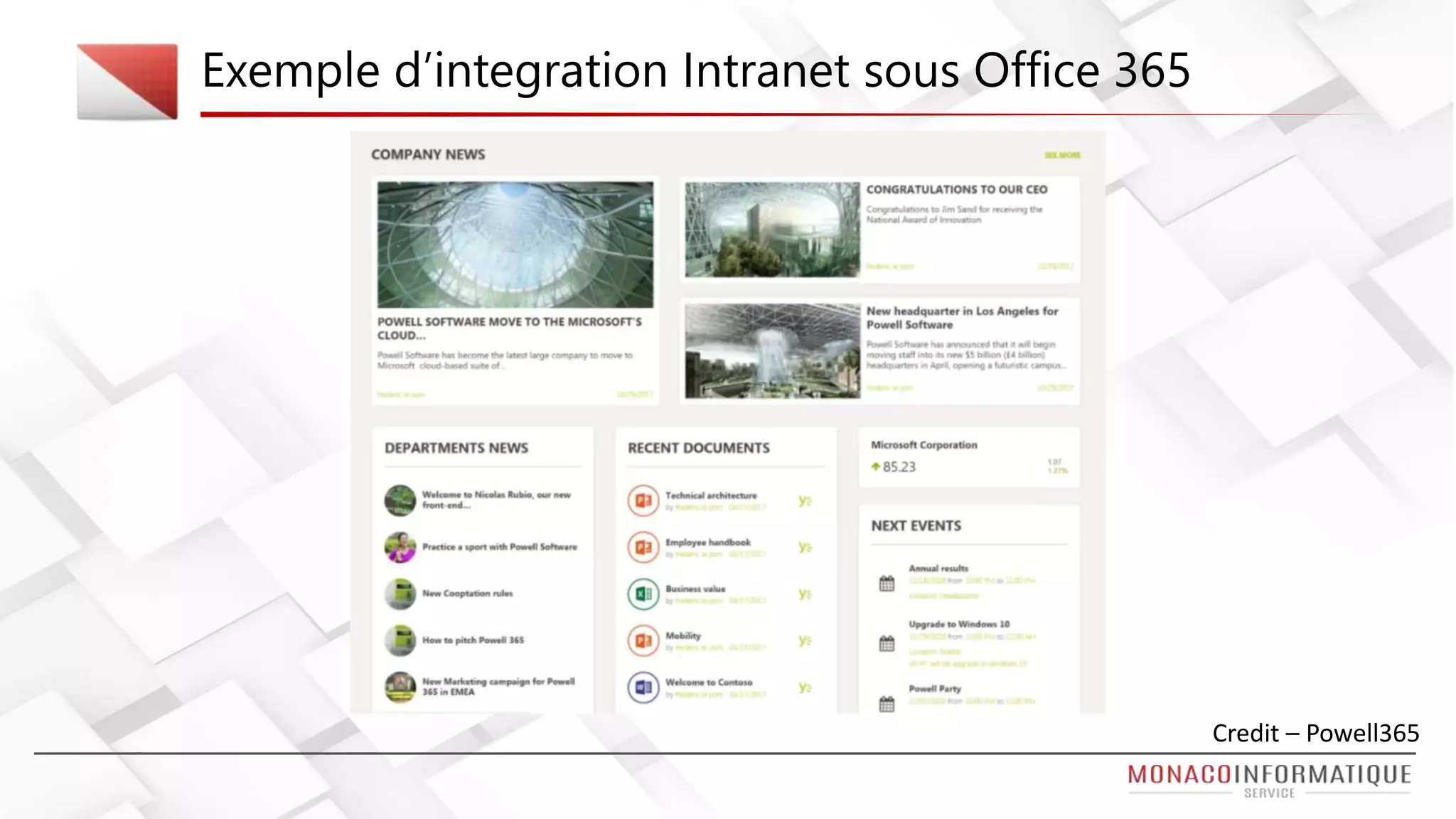 Exemple d’integration Intranet sous Office 365
Credit – Powell365
 