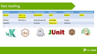 Test tooling
Runners Assertion libraries Emulators/Env Reporters Frameworks Stubing/Mocking
Karma Chai + as
promised
PhantomJS Junit Mocha Sinon
MSTest MS.Test ns Node (backend) Coverage Casper
Istanbul Chrome Cobertura Jasmine
… … …
 