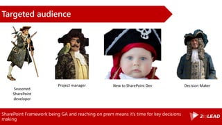 SharePoint Framework being GA and reaching on prem means it’s time for key decisions
making
Targeted audience
Seasoned
SharePoint
developer
Project manager New to SharePoint Dev Decision Maker
 