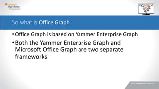 So what is Office Graph
•Office Graph is based on Yammer Enterprise Graph
•Both the Yammer Enterprise Graph and
Microsoft Office Graph are two separate
frameworks
 