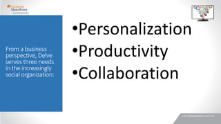 •Personalization
•Productivity
•Collaboration
From a business
perspective, Delve
serves three needs
in the increasingly
social organization:
 