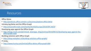 Resources
Office Delve:
• http://products.office.com/en-us/business/explore-office-delve
Introducing Delve and the Office Graph
• http://channel9.msdn.com/Events/TechEd/Europe/2014/OFC-B219
Developing apps against the Office Graph
• http://blogs.msdn.com/b/richard_dizeregas_blog/archive/2014/09/15/developing-apps-against-the-
office-graph.aspx
Building solutions with Office Graph
• http://blog.mastykarz.nl/building-solutions-office-graph/
IT Unity:
• http://www.itunity.com/article/office-delve-office-graph-664
 