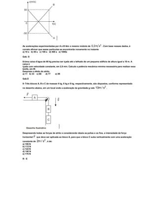 As acelerações experimentadas por A e B têm o mesmo módulo de       0,2m s2 . Com base nesses dados, é
correto afirmar que essas partículas se encontrarão novamente no instante
a) 10 s b) 50 s c) 100 s d) 500 s e) 1000s

Gab. D

8-Uma caixa d’água de 66 kg precisa ser içada até o telhado de um pequeno edifício de altura igual a 18 m. A
caixa é
içada com velocidade constante, em 2,0 min. Calcule a potência mecânica mínima necessária para realizar essa
tarefa, em W.
Despreze o efeito do atrito.
a) 11 b) 33 c) 66      d) 77   e) 99

Gab.E

9- Três blocos A, B e C de massas 4 kg, 6 kg e 8 kg, respectivamente, são dispostos, conforme representado
                                                                                 2
no desenho abaixo, em um local onde a aceleração da gravidade g vale 10m / s .




Desprezando todas as forças de atrito e considerando ideais as polias e os fios, a intensidade da força
horizontal   F
             que deve ser aplicada ao bloco A, para que o bloco C suba verticalmente com uma aceleração
                    2
constante de 2m / s , é de:
a) 100 N
b) 112 N
c) 124 N
d) 140 N
e) 176 N

R-E
 