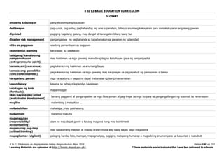 K to 12 BASIC EDUCATION CURRICULUM
K to 12 Edukasyon sa Pagpapakatao Gabay Pangkurikulum Mayo 2016 Pahina 149 ng 153
Learning Materials are uploaded at http://lrmds.deped.gov.ph/. *These materials are in textooks that have ben delivered to schools.
GLOSARI
antas ng kabuhayan pang-ekonomiyang katayuan
dedikasyon pag-uukol, pag-aalay, paghahandog ng oras o panahon, talino o anumang kakayahan para maisakatuparan ang isang gawain
dignidad pagiging kagalang-galang, may dangal at karangalan bilang isang tao
disaster risk management pangangasiwa ng paghahanda sa kapahamakan sa panahon ng kalamidad
etiko sa paggawa wastong pamantayan sa paggawa
experiential learning karanasan sa pagkatuto
kaisipang/kamalayang
pampamuhunan
(entrepreneurial spirit)
may kaalaman sa mga gawaing makadaragdag sa kabuhayan gaya ng pangangapital
kamalayan (awareness) pagkakaroon ng kaalaman sa anumang bagay
kamalayang pansibiko
(civic consciousness)
pagkakaroon ng kaalaman sa mga gawaing may kaugnayan sa pagpapabuti ng pamayanan o bansa
karapatang pantao mga karapatang o bagay na dapat matamasa ng isang mamamayan
kasambahay kasama sa bahay o kapamilya kadalasan
katatagan ng loob
(fortitude)
mapanindigan
likas-kayang pag-unlad
(sustainable development)
tamang paggamit at pangangasiwa sa mga likas yaman at pag-iingat sa mga ito para sa pangangailangan ng susunod na henerasyon
magiliw malambing / malapit sa …
makabuluhan mahalaga , may pakinabang
makamtam matamo/ makuha
mapanagutan
(responsibility/
accountability)
alam na may dapat gawin o kayang magawa nang may komitment
mapanuring pag-iisip
(critical thinking)
may kakayahang magsuri at mapag-aralan muna ang isang bagay bago magpasiya
mapagbantay (vigilant) palaging handa, listo, maingat, mapagmatyag, pagiging matapang humarap o magsabi ng anuman para sa ikauunlad o ikabubuti
 