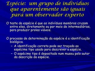 Espécie: um grupo de indivíduos
que aparentemente são iguais
para um observador experto
O teste da espécie é que os indivíduos membros cruzam
entre eles, diretamente ou por meio de intermediários,
para produzir proles viáveis.
O processo de determinação da espécie é a identificação
biológica.
– A identificação correta pode ser traçada ao
espécime tipo usado para descrever a espécie.
– O espécime tipo é depositado num museu pelo autor
da descrição da espécie.

 