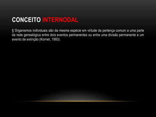 CONCEITO INTERNODAL
§ Organismos individuais são da mesma espécie em virtude da pertença comum a uma parte
da rede genealógica entre dois eventos permanentes ou entre uma divisão permanente e um
evento de extinção (Kornet, 1993).
 