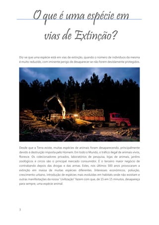 3
Diz-se que uma espécie está em vias de extinção, quando o número de indivíduos da mesma
é muito reduzido, com iminente perigo de desaparecer se não forem devidamente protegidos.
Desde que a Terra existe, muitas espécies de animais foram desaparecendo, principalmente
devido à destruição imposta pelo Homem. Em todo o Mundo, o tráfico ilegal de animais vivos,
floresce. Os colecionadores privados, laboratórios de pesquisa, lojas de animais, jardins
zoológicos e circos são o principal mercado consumidor. É o terceiro maior negócio de
contrabando depois das drogas e das armas. Estes, nos últimos 300 anos provocaram a
extinção em massa de muitas espécies diferentes. Interesses económicos, poluição,
crescimento urbano, introdução de espécies mais evoluídas em habitats onde não existiam e
outras manifestações da nossa “civilização” fazem com que, de 15 em 15 minutos, desapareça
para sempre, uma espécie animal.
O que é uma espécie em
vias de Extinção?
 