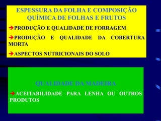 ESPESSURA DA FOLHA E COMPOSIÇÃO
QUÍMICA DE FOLHAS E FRUTOS
PRODUÇÃO E QUALIDADE DE FORRAGEM
PRODUÇÃO E QUALIDADE DA COBERTURA
MORTA
ASPECTOS NUTRICIONAIS DO SOLO
QUALIDADE DA MADEIRA
ACEITABILIDADE PARA LENHA OU OUTROS
PRODUTOS
 