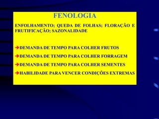 FENOLOGIA
ENFOLHAMENTO; QUEDA DE FOLHAS; FLORAÇÃO E
FRUTIFICAÇÃO; SAZONALIDADE
DEMANDA DE TEMPO PARA COLHER FRUTOS
DEMANDA DE TEMPO PARA COLHER FORRAGEM
DEMANDA DE TEMPO PARA COLHER SEMENTES
HABILIDADE PARA VENCER CONDIÇÕES EXTREMAS
 