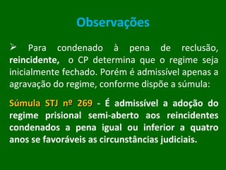 Observações Para condenado à pena de reclusão,  reincidente,  o CP determina que o regime seja inicialmente fechado. Porém é admissível apenas a agravação do regime, conforme dispõe a súmula: Súmula STJ nº 269  - É admissível a adoção do regime prisional semi-aberto aos reincidentes condenados a pena igual ou inferior a quatro anos se favoráveis as circunstâncias judiciais. 