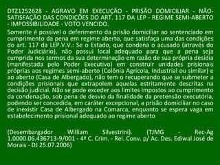 DTZ1252628 - AGRAVO EM EXECUÇÃO - PRISÃO DOMICILIAR - NÃO-SATISFAÇÃO DAS CONDIÇÕES DO ART. 117 DA LEP - REGIME SEMI-ABERTO - IMPOSSIBILIDADE - VOTO VENCIDO.  Somente é possível o deferimento da prisão domiciliar ao sentenciado em cumprimento da pena em regime aberto, que satisfaça uma das condições do art. 117 da LEP.V.V.: Se o Estado, que condena o acusado (através do Poder Judiciário), não possui local adequado para que a pena seja cumprida nos termos da sua determinação em razão de sua própria desídia (manifestada pelo Poder Executivo) em construir unidades prisionais próprias aos regimes semi-aberto (Colônia Agrícola, Industrial ou similar) e ao aberto (Casa de Albergado), não tem o recuperando que se submeter a condições prisionais que extrapolem aquelas estritamente descritas na decisão judicial. Não se pode exceder aos limites impostos ao cumprimento da condenação, sob pena de desvio da finalidade da pretensão executória, podendo ser concedida, em caráter excepcional, a prisão domiciliar no caso de inexistir Casa de Albergado na Comarca, enquanto se espera vaga em estabelecimento prisional adequado ao regime aberto  (Desembargador William Silvestrini). (TJMG - Rec-Ag 1.0000.06.436713-9/001 - 4ª C. Crim. - Rel. Conv. p/ Ac. Des. Ediwal José de Morais - DJ 25.07.2006) 