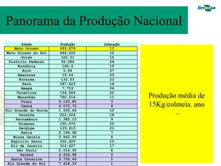 Panorama da Produção Nacional
          Estado       Produção   Colocação
     Mato Grosso       493,879       13
 Mato Grosso do Sul    646,222       12
          Goiás         322,01       16
  Distrito Federal      36,084       24
        Rondônia         160,6       19
           Acre           5,06       27
        Amazonas         19,04       25
         Roraima        132,53       23
           Pará        397,423       14
          Amapá          7,753       26
       Tocantins       134,864       22
        Maranhão       780,514       11       Produção média de
          Piauí       4.143,80        3
          Ceará       4.072,70        4       15Kg/colmeia. ano
Rio Grande do Norte   1.065,46       10
         Paraíba       222,224       18               –
      Pernambuco      1.382,10        9
         Alagoas       155,075       20
         Sergipe       135,613       21
          Bahia       2.194,68        7
    Minas Gerais      2.862,05        6
   Espírito Santo      330,929       15
   Rio de Janeiro      314,627       17
       São Paulo      2.016,90        8
         Paraná       4.634,98        2
   Santa Catarina     3.706,46        5
 Rio Grande do Sul    7.418,33        1
 